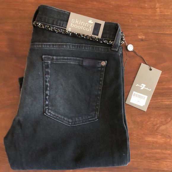 7 For All Mankind Size 29 skinny bootcut premium black denim jeans w beaded belt - Picture 4 of 5